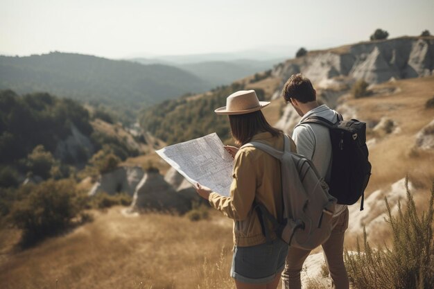 Foto illustrazione di una coppia di turisti che guardano una mappa generativa