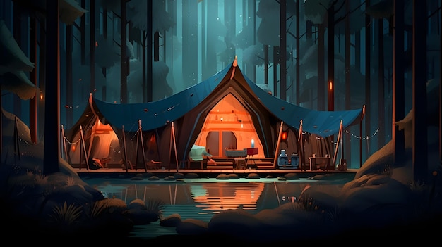 Illustration of a tourist tent in the forest at night