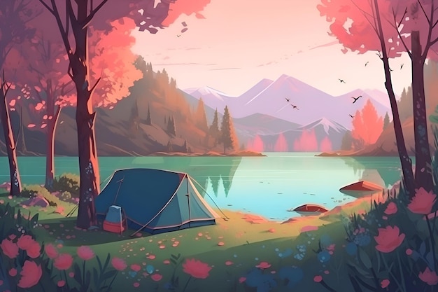 Illustration of a tourist tent near a mountain lake Generative AI