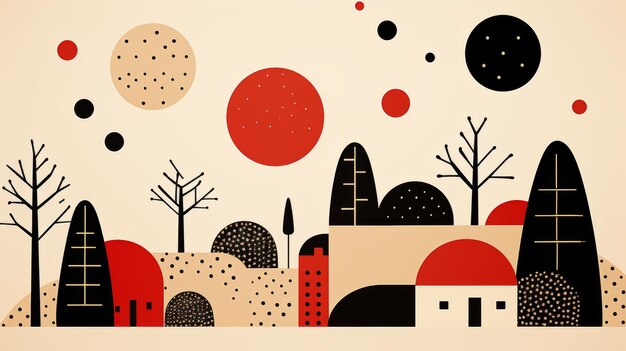 an illustration of a town with trees and black and red polka dots