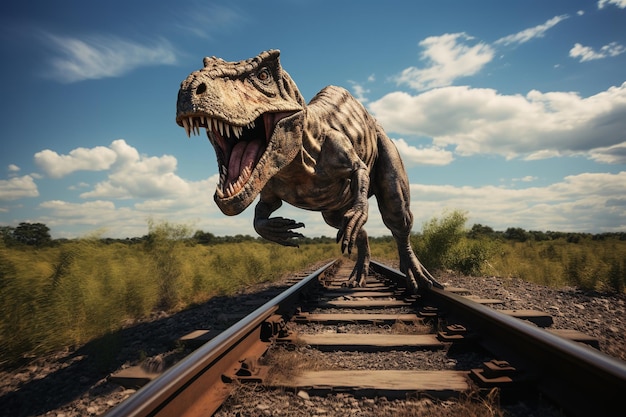 illustration of track photography Jurassic A classic dinosaur Generative ai