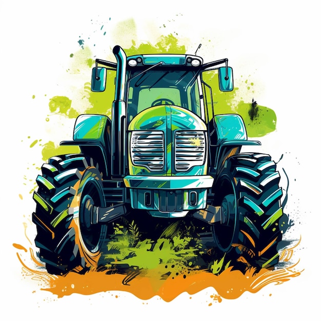 Illustration of a tractor with big tires in a field generative ai