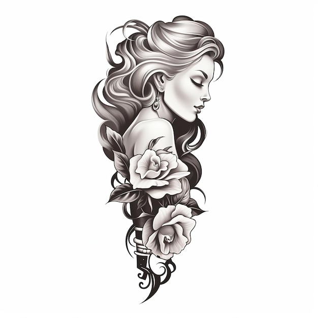 illustration of traditional tattoo black and white of sleeve tattoo