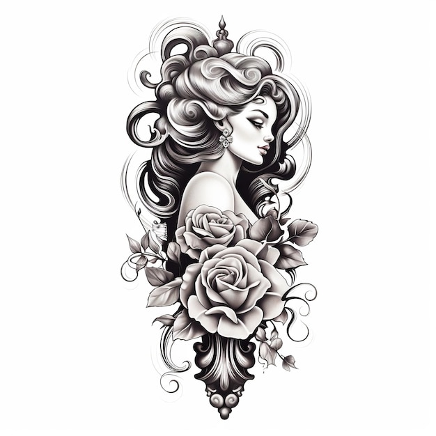 Photo illustration of traditional tattoo black and white of sleeve tattoo