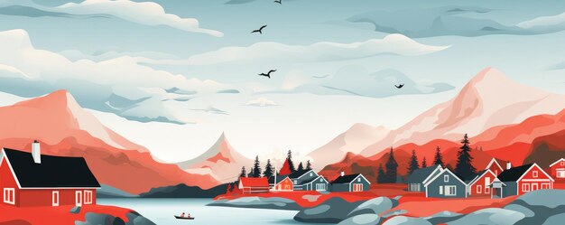 Illustration traditionally Scandinavian houses with typical Norwegian nature Generative ai