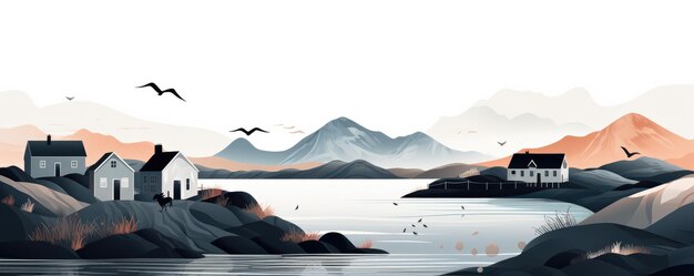 Illustration traditionally Scandinavian houses with typical Norwegian nature Generative ai