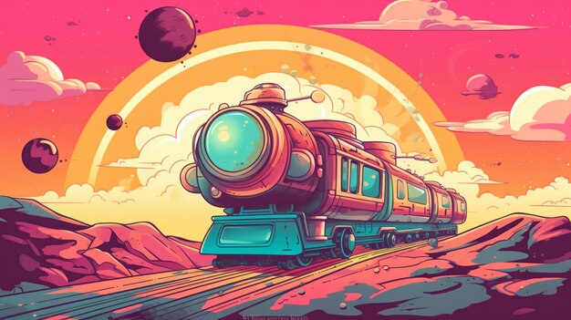 Illustration of a train traveling through a desert landscape with planets generative ai