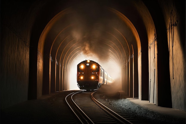 Illustration of a train in a tunnel with light in high resolution subway public transport travel speed industrial rails power infrastructure logistics traffic electricity bright light AI