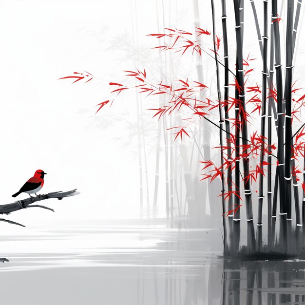 illustration of A tranquil Japanese art illustration featuring a bam