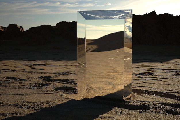 Photo illustration of transparent glass cube in the desert at sunset