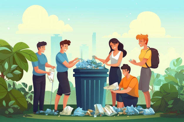 Illustration of trash collecting campaign for clean environment Generative AI