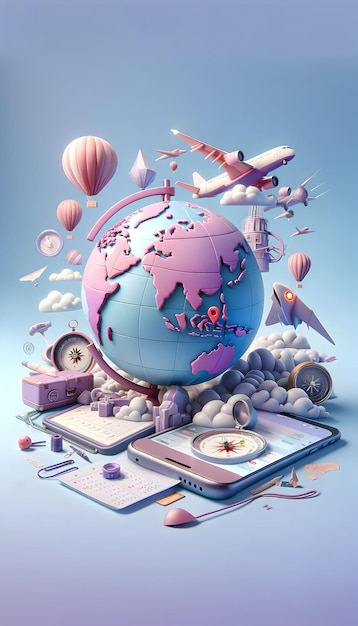 Photo illustration of travel elements with a plane globe and tech surrounding in a pastel theme