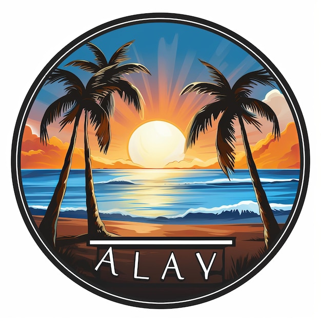 Photo illustration of travel video blog logo beach sun palm trees