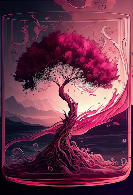 illustration of a tree in burgundy tones in the background surrealist landscape printable poster