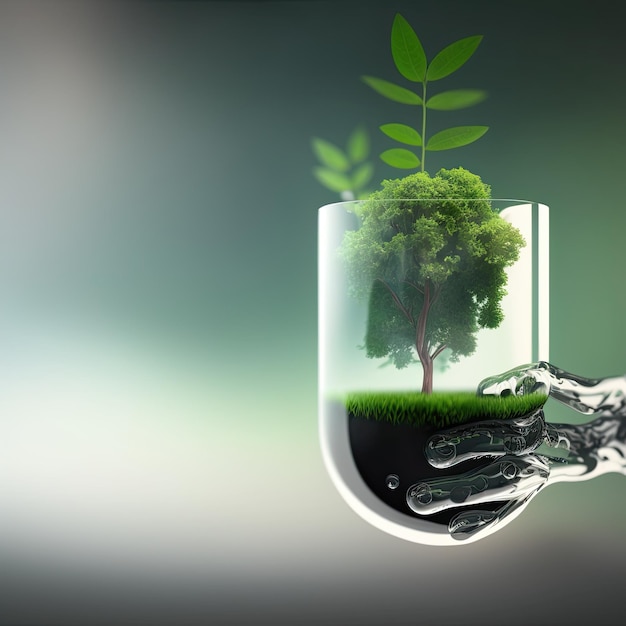 Illustration of tree growing inside a crystal recipient holded by robotic hand