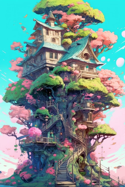 An illustration of a tree house covered in moss