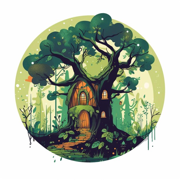 Photo illustration of a tree house in a forest with a pathway leading to it generative ai