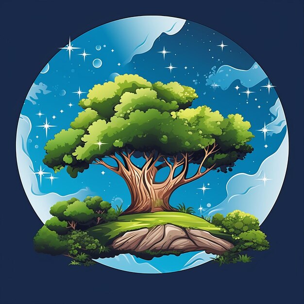 An illustration of a tree on an island with stars in the sky