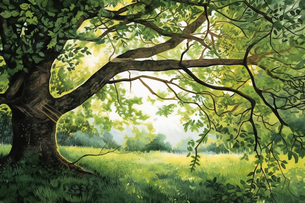 Photo illustration of a tree in the meadow digital painting