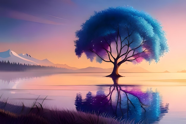 일몰 추상 그림에서 호수 한가운데에 있는 나무의 그림