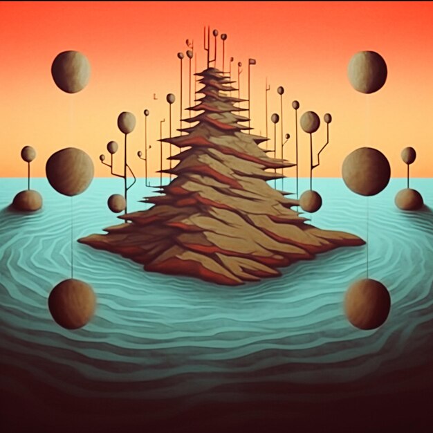 Photo illustration of a tree surrounded by rocks in the middle of a body of water generative ai