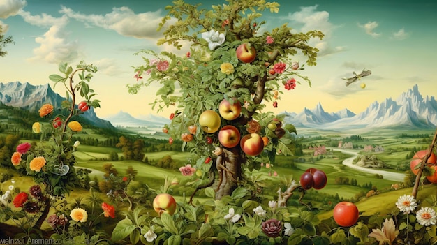 An illustration of a tree with apples and the words " apple " on it.