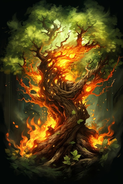 An illustration of a tree with a flame going around it