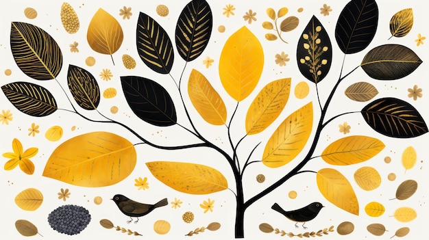 an illustration of a tree with leaves and birds