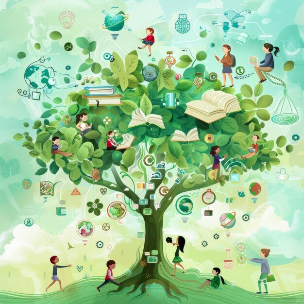 Photo illustration of a tree with a lot of education related items on it