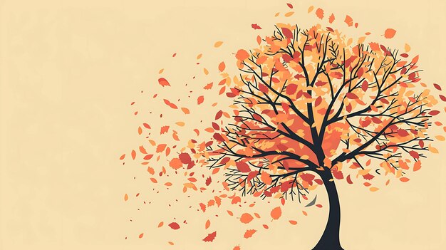 An illustration of a tree with orange and yellow leaves blowing in the wind The tree is set against a beige background