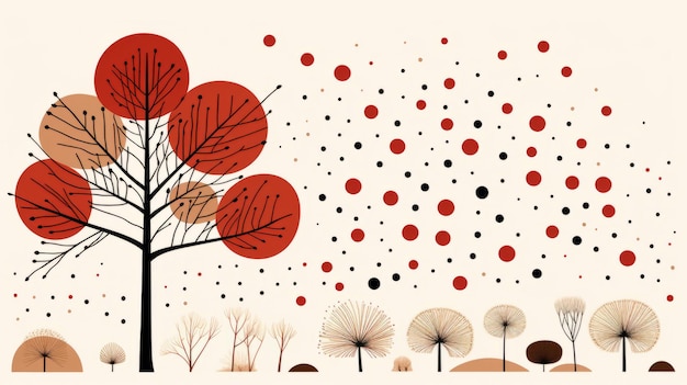 an illustration of a tree with red and black leaves