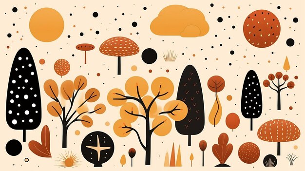 an illustration of trees and leaves in autumn