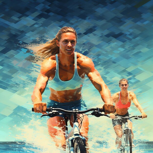 Foto illustrazione del collage sportivo triathlon uomo donna che corre nuoto