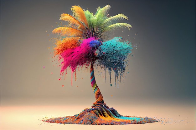 Illustration of tropic palm tree with holi dust splash