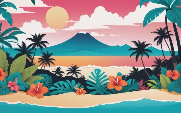 Иллюстрация тропического пляжного райского острова