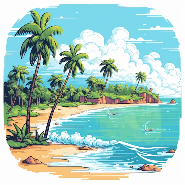 illustration of a tropical beach with palm trees and a boat generative ai