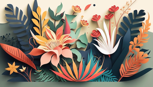 Иллюстрация темы тропических цветов в вырезке из бумаги Generative AI