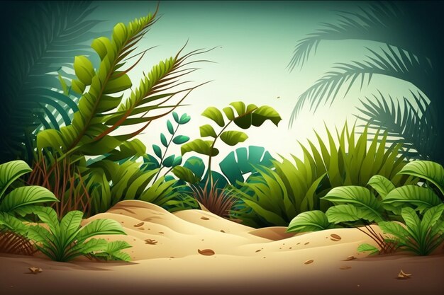 Illustration of a tropical jungle scene with sand and plants generative ai