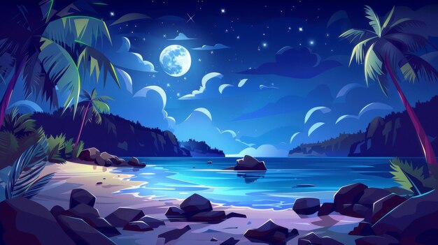 An illustration of a tropical lagoon at night Calm sea water a beach and stones with coconut trees rocky mountains a dark blue sky with clouds moon and stars