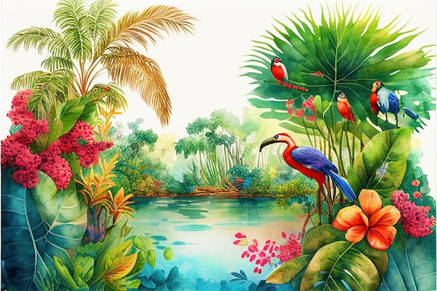 Illustration of a tropical landscape with animals