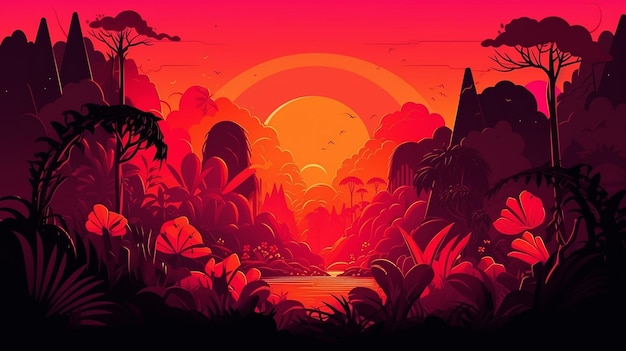 Photo illustration of a tropical landscape with a sunset and a river generative ai