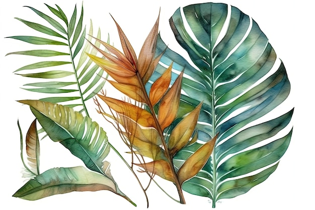 Illustration of tropical leaves painted in watercolor on a white background created with Generative AI technology