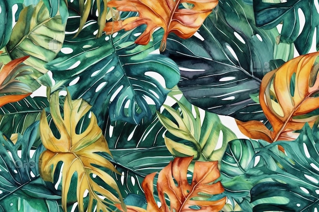 Illustration of tropical leaves in watercolor created with Generative AI technology