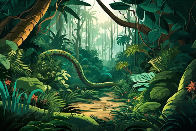 Illustration of a tropical rainforest with green snake