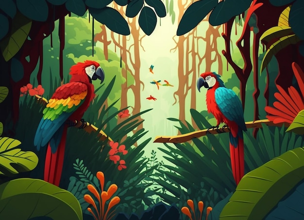 Illustration of a tropical rainforest with parrots Generative AI