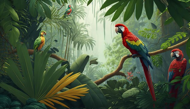 Illustration of a tropical rainforest with parrots Generative AI