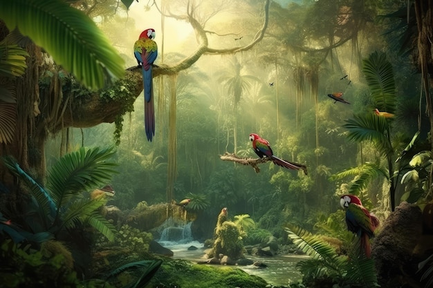 Illustration of a tropical rainforest with parrots