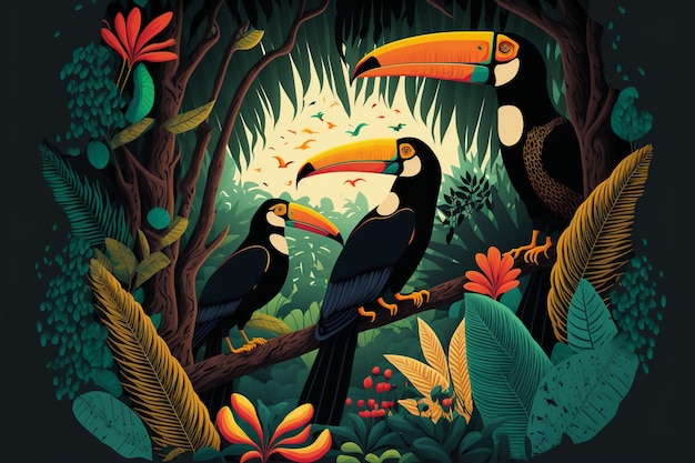 Illustration of a tropical rainforest with toucans