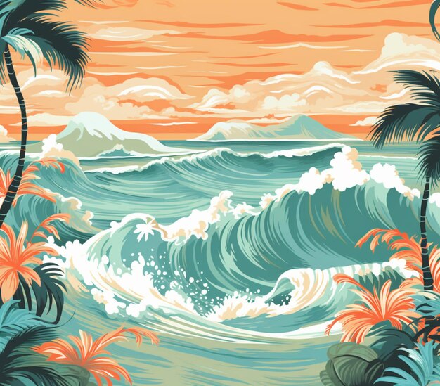 Photo illustration of a tropical scene with a wave breaking on the beach generative ai