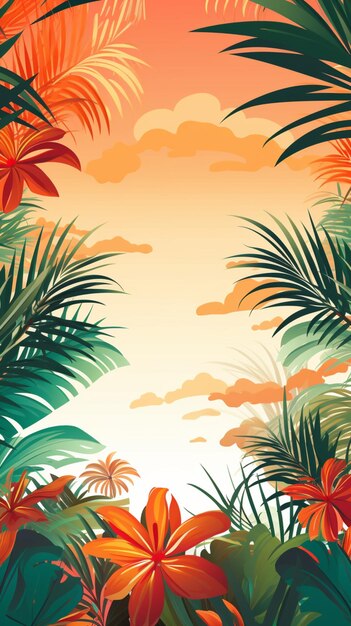 Photo an illustration of a tropical vegetation in a orange sky background